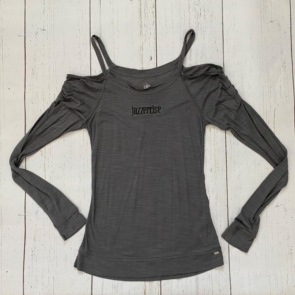 Alo Jazzercise Grey Cold Shoulder Long Sleeve Top